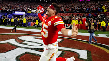 Feb 11, 2024; Paradise, Nevada, USA; Kansas City Chiefs quarterback Patrick Mahomes (15) celebrates after defeating the San Francisco 49ers in overtime of Super Bowl LVIII at Allegiant Stadium. Mandatory Credit: Mark J. Rebilas-Imagn Images