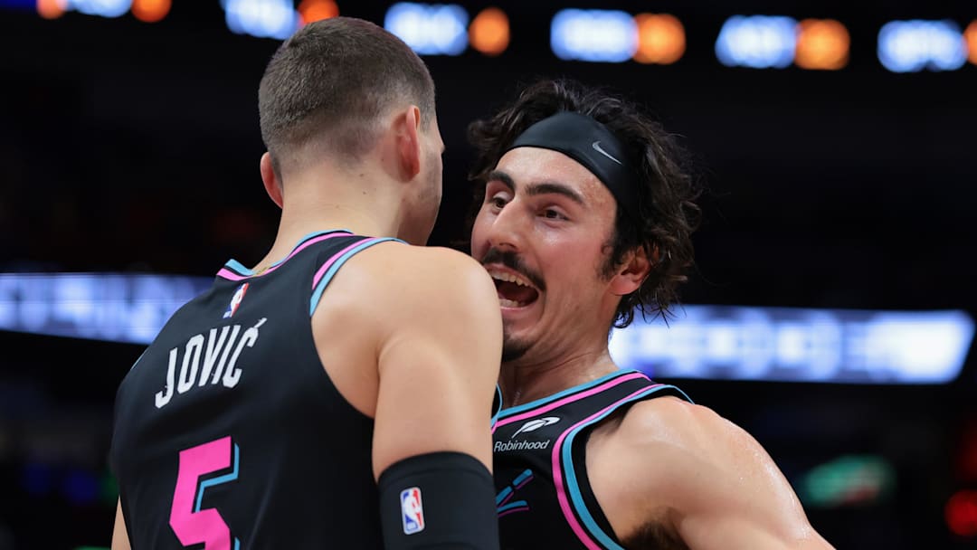 Dec 27, 2025; Miami, Florida, USA; Miami Heat forward Jaime Jaquez Jr. (11) celebrates with forward Nikola Jovic (5) against the Indiana Pacers during the second half at Kaseya Center. Mandatory Credit: Sam Navarro-Imagn Images 