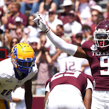 Sep 7, 2024; College Station, Texas, USA; Texas A&M Aggies defensive back Trey Jones III (9) reacts to a play during the fourth quarter against the McNeese State Cowboys at Kyle Field. Mandatory Credit: Dustin Safranek-Imagn Images