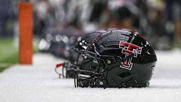 Sep 4, 2021; Houston, Texas, USA; Texas Tech Red Raiders players helmets are lined up on the sideline during practice before the game against the Houston Cougars at NRG Stadium. Mandatory Credit: Troy Taormina-Imagn Images
