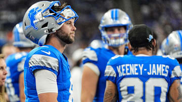 Detroit Lions quarterback Kyle Allen looks on from the sidelines during the first quarter of the preseason game at Ford Field in Detroit, Saturday, Aug. 16, 2025.