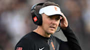 Sep 13, 2025; West Lafayette, Indiana, USA; Southern California Trojans head coach Lincoln Riley stands on the sidelines during the first quarter against the Purdue Boilermakers at Ross-Ade Stadium. Mandatory Credit: Marc Lebryk-Imagn Images