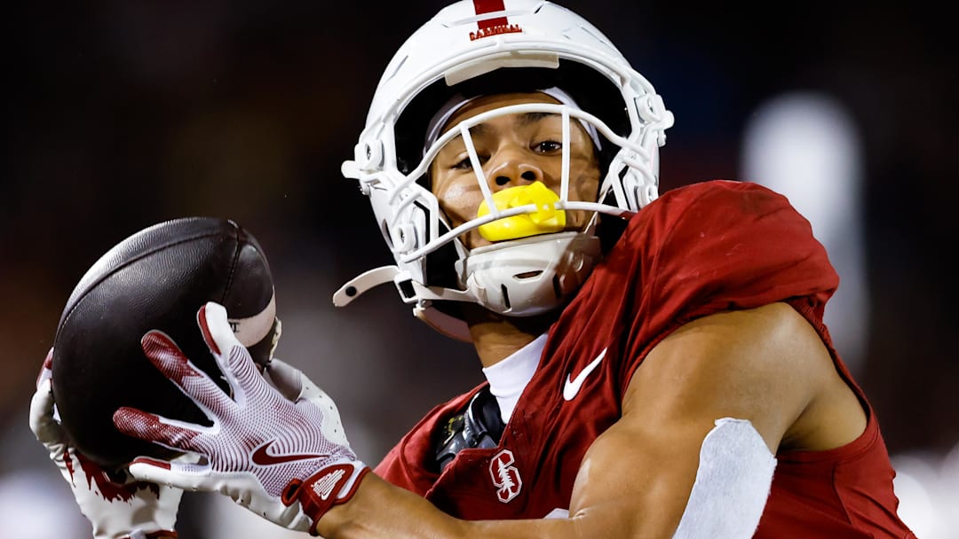 Nov 22, 2025; Stanford, California, USA; Stanford Cardinal wide receiver CJ Williams (3) catches a touchdown pass during the fourth quarter against the California Golden Bears at Stanford Stadium. Mandatory Credit: Sergio Estrada-Imagn Images