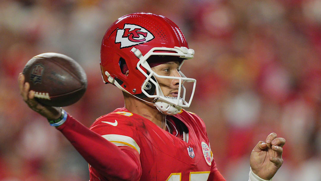 Oct 12, 2025; Kansas City, Missouri, USA; Kansas City Chiefs quarterback Patrick Mahomes (15) drops back to pass against the Detroit Lions during the second half at GEHA Field at Arrowhead Stadium. Mandatory Credit: Jay Biggerstaff-Imagn Images Oct 12, 2025; Kansas City, Missouri, USA; Kansas City Chiefs quarterback Patrick Mahomes (15) drops back to pass against the Detroit Lions during the second half at GEHA Field at Arrowhead Stadium. Mandatory Credit: Jay Biggerstaff-Imagn Images