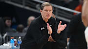 Mar 13, 2025; Indianapolis, IN, USA; Oregon Ducks head coach Dana Altman during the first half against the Indiana Hoosiers at Gainbridge Fieldhouse. Mandatory Credit: Robert Goddin-Imagn Images