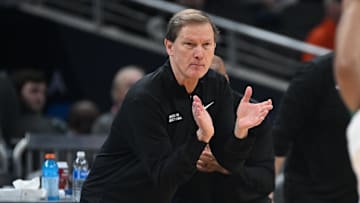 Mar 13, 2025; Indianapolis, IN, USA; Oregon Ducks head coach Dana Altman during the first half against the Indiana Hoosiers at Gainbridge Fieldhouse. Mandatory Credit: Robert Goddin-Imagn Images