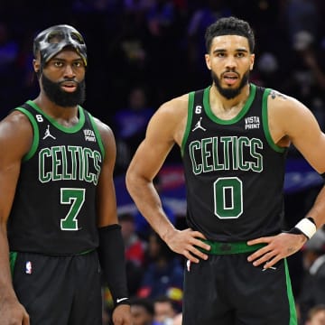 May 5, 2023; Philadelphia, Pennsylvania, USA; Boston Celtics guard Jaylen Brown (7) and forward Jayson Tatum (0) celebrate during final minute of win against the Philadelphia 76ers during the fourth quarter of game three of the 2023 NBA playoff at Wells Fargo Center. Mandatory Credit: Eric Hartline-USA TODAY Sports