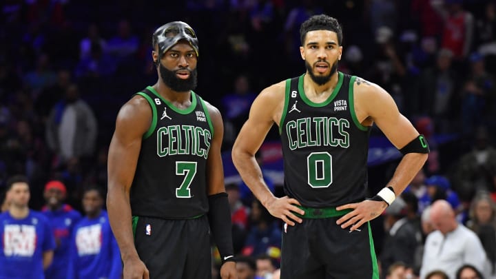 May 5, 2023; Philadelphia, Pennsylvania, USA; Boston Celtics guard Jaylen Brown (7) and forward Jayson Tatum (0) celebrate during final minute of win against the Philadelphia 76ers during the fourth quarter of game three of the 2023 NBA playoff at Wells Fargo Center. Mandatory Credit: Eric Hartline-USA TODAY Sports