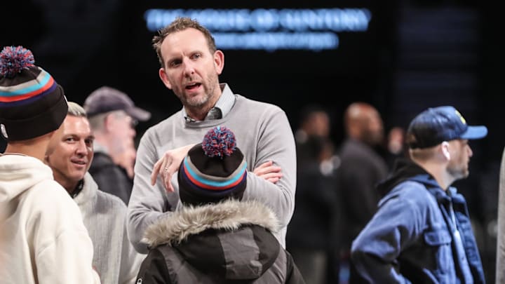 Jan 29, 2024; Brooklyn, New York, USA;  Brooklyn Nets general manager Sean Marks court side prior to the game against the Utah Jazz at Barclays Center. Mandatory Credit: Wendell Cruz-Imagn Images