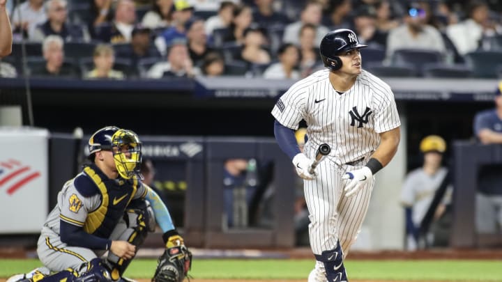 Sep 8, 2023; Bronx, New York, USA;  New York Yankees center fielder Jasson Dominguez (89) hits a two run home run in the third inning against the Milwaukee Brewers at Yankee Stadium. Mandatory Credit: Wendell Cruz-USA TODAY Sports