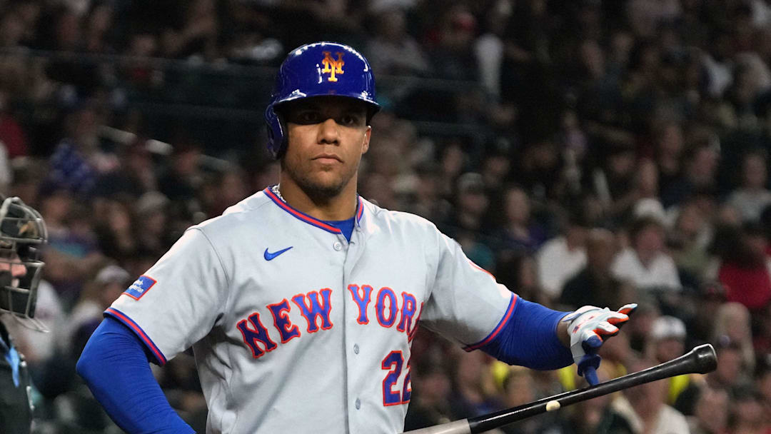May 9, 2026; Phoenix, Arizona, USA; New York Mets left fielder Juan Soto (22) reacts after getting intentionally walked against the Arizona Diamondbacks in the fifth inning at Chase Field. Mandatory Credit: Rick Scuteri-Imagn Images