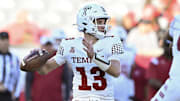 Nov 12, 2022; Houston, Texas, USA; Temple Owls quarterback E.J. Warner (13) throws a pass during the third quarter against the Houston Cougars at TDECU Stadium. Mandatory Credit: Maria Lysaker-Imagn Images
