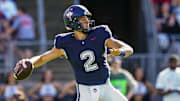 Sep 20, 2025; East Hartford, Connecticut, USA; Connecticut Huskies quarterback Joe Fagnano (2) throws a pass against the Ball State Cardinals in the first quarter at Pratt & Whitney Stadium at Rentschler Field. Mandatory Credit: David Butler II-Imagn Images