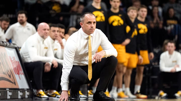 Iowa head coach Ben McCollum watches his team compete against the Ohio State Buckeyes Feb. 25, 2026 at Carver-Hawkeye Arena in Iowa City, Iowa.