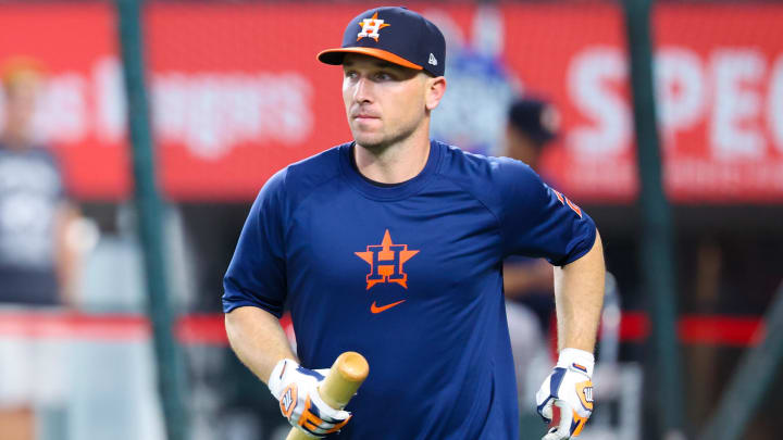 Aug 6, 2024; Arlington, Texas, USA;  Houston Astros third baseman Alex Bregman (2) warms up before the game against the Texas Rangers at Globe Life Field