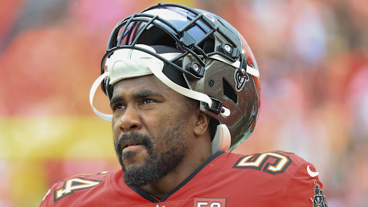 Dec 7, 2025; Tampa, Florida, USA; Tampa Bay Buccaneers linebacker Lavonte David (54) stands on the sidelines during the first quarter against the New Orleans Saints at Raymond James Stadium. Mandatory Credit: Kim Klement Neitzel-Imagn Images
