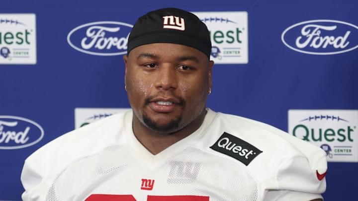 Jul 23, 2025; East Rutherford, NJ, USA; New York Giants defensive tackle Dexter Lawrence II (97) talks with media during training camp at Quest Diagnostics Training Center. Mandatory Credit: Vincent Carchietta-Imagn Images