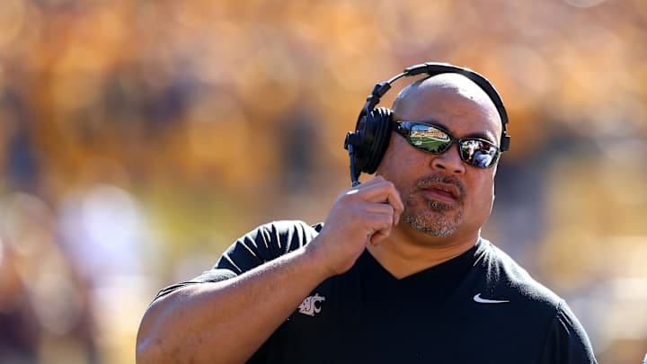 Nov 22, 2014; Tempe, AZ, USA; Washington State Cougars defensive line coach Joe Salave'a on the sidelines against the Arizona State Sun Devils at Sun Devil Stadium.  The Sun Devils defeats the Cougars 52-31. Mandatory Credit: Mark J. Rebilas-Imagn Images