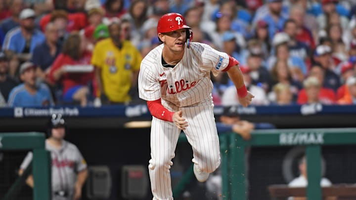 Aug 31, 2024; Philadelphia, Pennsylvania, USA; Philadelphia Phillies outfielder Austin Hays (9) hits a double during the second inning against the Atlanta Braves at Citizens Bank Park. Aug 31, 2024; Philadelphia, Pennsylvania, USA; Philadelphia Phillies outfielder Austin Hays (9) hits a double during the second inning against the Atlanta Braves at Citizens Bank Park.
