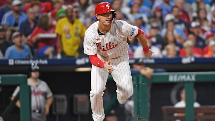 Philadelphia Phillies outfielder Austin Hays (9) hits a double during the second inning against the Atlanta Braves at Citizens Bank Park. Philadelphia Phillies outfielder Austin Hays (9) hits a double during the second inning against the Atlanta Braves at Citizens Bank Park.