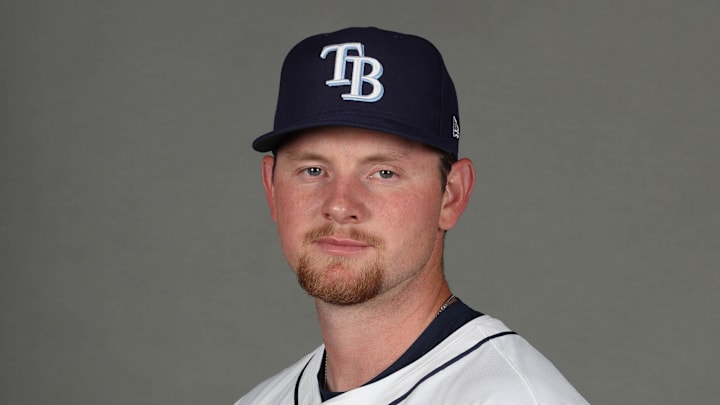 Feb 17, 2025; Port Charlotte, FL, USA;  Tampa Bay Rays pitcher Michael Flynn (79) poses for a photo during media day Mandatory Credit: Kim Klement Neitzel-Imagn Images