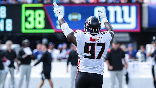 Atlanta Falcons defensive tackle Grady Jarrett (97) celebrates after a sack