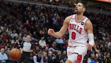 Nov 7, 2022; Chicago, Illinois, USA; Chicago Bulls center Nikola Vucevic (9) reacts after turning the ball over against the Toronto Raptors during the first half at United Center. Mandatory Credit: David Banks-Imagn Images