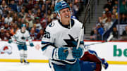 Mar 6, 2025; Denver, Colorado, USA; San Jose Sharks left wing Fabian Zetterlund (20) celebrates after his goal in the first period against the Colorado Avalanche at Ball Arena. Mandatory Credit: Isaiah J. Downing-Imagn Images