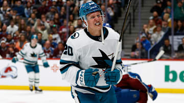 Mar 6, 2025; Denver, Colorado, USA; San Jose Sharks left wing Fabian Zetterlund (20) celebrates after his goal in the first period against the Colorado Avalanche at Ball Arena. Mandatory Credit: Isaiah J. Downing-Imagn Images