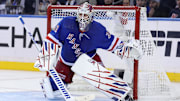 May 22, 2024; New York, New York, USA; New York Rangers goaltender Igor Shesterkin (31) tends net against the Florida Panthers during the second period of game one of the Eastern Conference Final of the 2024 Stanley Cup Playoffs at Madison Square Garden. Mandatory Credit: Brad Penner-USA TODAY Sports