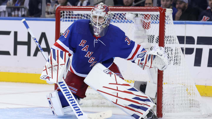 May 22, 2024; New York, New York, USA; New York Rangers goaltender Igor Shesterkin (31) tends net against the Florida Panthers during the second period of game one of the Eastern Conference Final of the 2024 Stanley Cup Playoffs at Madison Square Garden. Mandatory Credit: Brad Penner-USA TODAY Sports