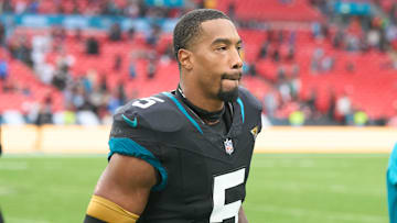 Oct 1, 2023; London, United Kingdom;  Jacksonville Jaguars safety Andre Cisco (5) leaves the field after the second half of an NFL International Series game at Wembley Stadium. Mandatory Credit: Peter van den Berg-Imagn Images