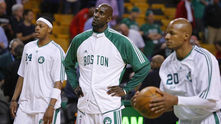 May 13, 2010; Boston, MA, USA; Boston Celtics forward Paul Pierce (34), forward Kevin Garnett (center), and guard Ray Allen (20) warm up before game six of the eastern conference semifinals in the 2010 NBA playoffs against the Cleveland Cavaliers at TD Garden.  Mandatory Credit: David Butler II-Imagn Images