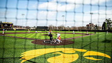 Iowa's Keaton Anthony (7) hits a grand-slam during a NCAA Big Ten Conference baseball game against Maryland, Friday, March 31, 2023, at Duane Banks Field in Iowa City, Iowa.

230331 Maryland Iowa B 004 Jpg