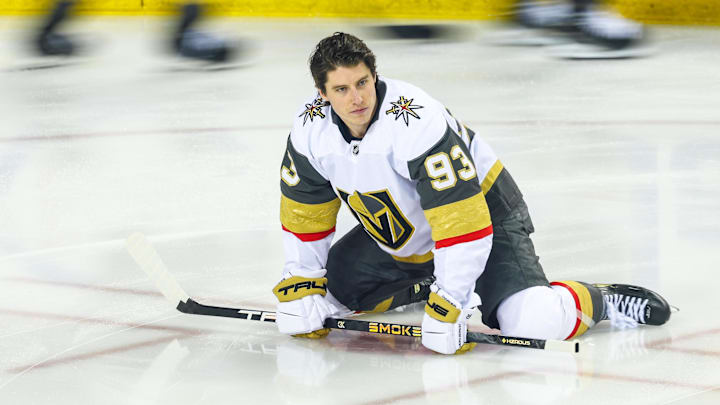 Dec 20, 2025; Calgary, Alberta, CAN; Vegas Golden Knights right wing Mitch Marner (93) during the warmup period against the Calgary Flames at Scotiabank Saddledome. Mandatory Credit: Sergei Belski-Imagn Images