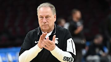 Mar 20, 2025; Cleveland, OH, USA; Michigan State Spartans head coach Tom Izzo watches his team during practice at Rocket Arena. Mandatory Credit: Ken Blaze-Imagn Images