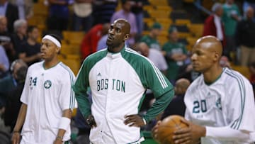 May 13, 2010; Boston, MA, USA; Boston Celtics forward Paul Pierce (34), forward Kevin Garnett (center), and guard Ray Allen (20) warm up before game six of the eastern conference semifinals in the 2010 NBA playoffs against the Cleveland Cavaliers at TD Garden.  Mandatory Credit: David Butler II-Imagn Images