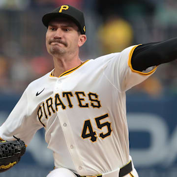 Jun 30, 2025; Pittsburgh, Pennsylvania, USA;  Pittsburgh Pirates starting pitcher Andrew Heaney (45) delivers a pitch against the St. Louis Cardinals during the first inning at PNC Park. Mandatory Credit: Charles LeClaire-Imagn Images