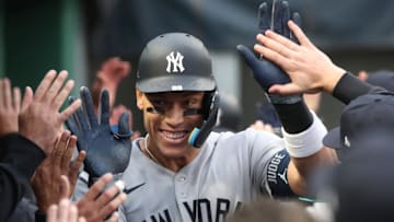 Apr 4, 2025; Pittsburgh, Pennsylvania, USA;  New York Yankees right fielder Aaron Judge (99) celebrates his two-run home run with second baseman Jazz Chisholm Jr. (left) against the Pittsburgh Pirates during the sixth inning at PNC Park. Mandatory Credit: Charles LeClaire-Imagn Images