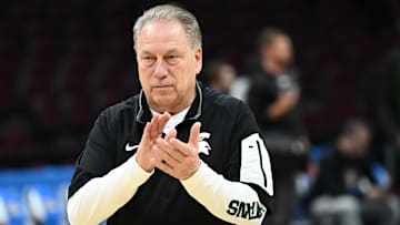 Mar 20, 2025; Cleveland, OH, USA; Michigan State Spartans head coach Tom Izzo watches his team during practice at Rocket Arena. Mandatory Credit: Ken Blaze-Imagn Images
