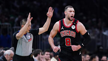Dec 19, 2024; Boston, Massachusetts, USA; Chicago Bulls guard Zach LaVine (8) reacts after his three point basket against the Boston Celtics in the second quarter at TD Garden. Mandatory Credit: David Butler II-Imagn Images