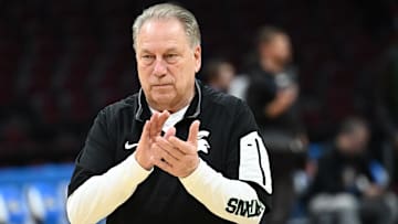 Mar 20, 2025; Cleveland, OH, USA; Michigan State Spartans head coach Tom Izzo watches his team during practice at Rocket Arena. Mandatory Credit: Ken Blaze-Imagn Images
