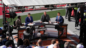 Oct 21, 2023; Columbus, Ohio, USA; The ESPN College Gameday crew broadcasts from the field prior to the NCAA football game between the Ohio State Buckeyes and the Penn State Nittany Lions at Ohio Stadium.