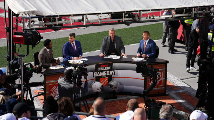 Oct 21, 2023; Columbus, Ohio, USA; The ESPN College Gameday crew broadcasts from the field prior to the NCAA football game between the Ohio State Buckeyes and the Penn State Nittany Lions at Ohio Stadium.