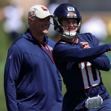 May 23, 2024; Englewood, CO, USA; Denver Broncos quarterback Bo Nix (10) during organized team activities at Centura Health Training Center. 