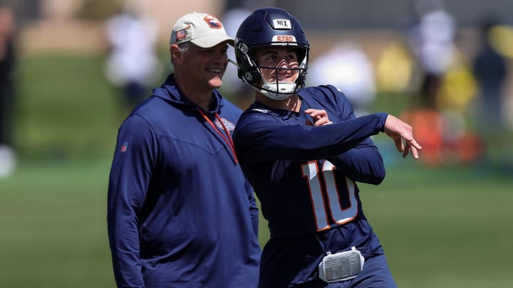 May 23, 2024; Englewood, CO, USA; Denver Broncos quarterback Bo Nix (10) during organized team activities at Centura Health Training Center. 