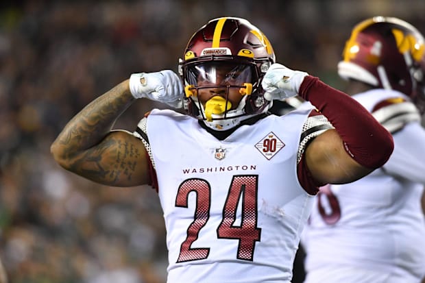 Washington Commanders running back Antonio Gibson celebrates his touchdown against the Philadelphia Eagles.