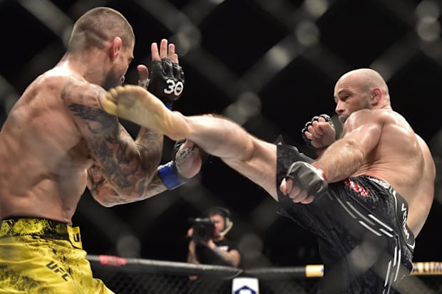 Rinat Fakhretdinov (red gloves) fights Elizea Zaleski Dos Santos (blue gloves) during UFC Fight Night at Ibirapuera Arena. 