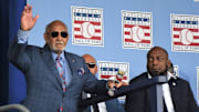 Billy Williams acknowledges the crowd during the introduction of returning inductees at the National Baseball Hall of Fame's 2024 induction ceremony Sunday, July 21, 2024, at the Clark Sports Center in Cooperstown, New York.