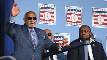 Billy Williams acknowledges the crowd during the introduction of returning inductees at the National Baseball Hall of Fame's 2024 induction ceremony Sunday, July 21, 2024, at the Clark Sports Center in Cooperstown, New York.
